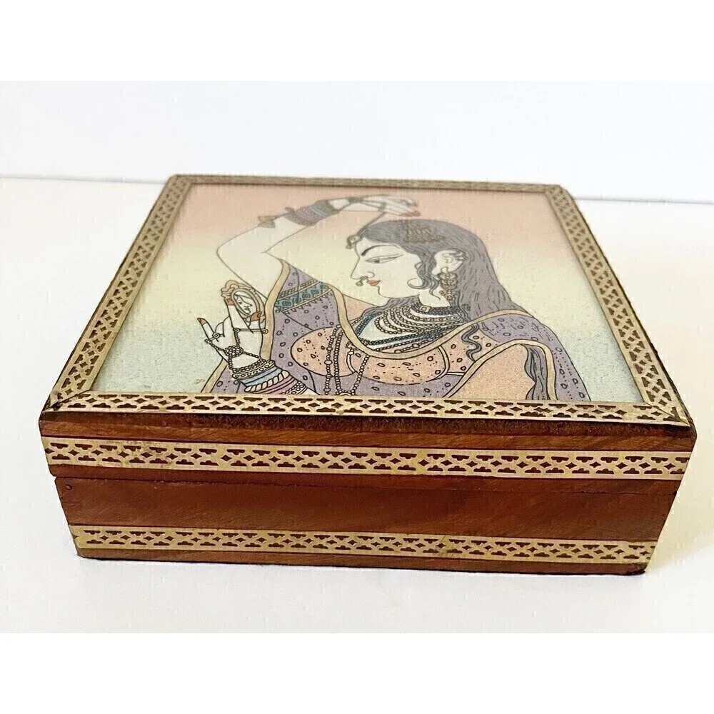 Indian Art Gemstone Painting Indian Wooden Jewelry Box Bani Thani Handcrafted